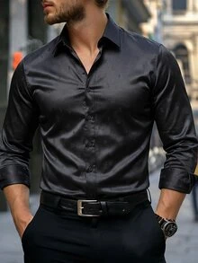 Manfinity Bizformal 男士黑色秋季高雅長袖正裝襯衫，奢華緞面鈕扣開襟上衣，壓花圖案設計，適合晚餐、晚宴、派對、工作活動、修身版型、儀式場合 - 黑色 - 查看 2