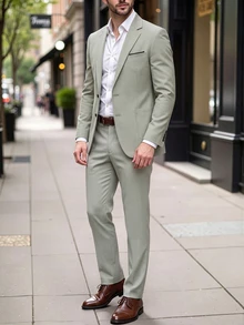Manfinity Bizformal Men's Solid Color Notch Lapel Single-Breasted Long Sleeve Jacket And Long Pants Casual Commute Suit Set, Ceremony, Formal - Green - View 5
