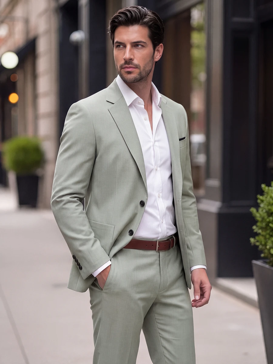 Manfinity Bizformal Men's Solid Color Notch Lapel Single-Breasted Long Sleeve Jacket And Long Pants Casual Commute Suit Set, Ceremony, Formal - Green - View 1