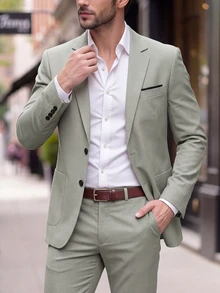 Manfinity Bizformal Men's Solid Color Notch Lapel Single-Breasted Long Sleeve Jacket And Long Pants Casual Commute Suit Set, Ceremony, Formal - Green - View 2