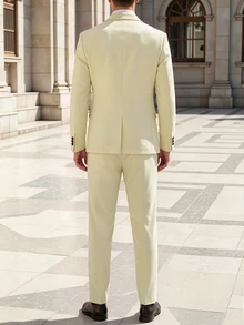 Manfinity Bizformal Men's Business Commute Yellow Suit Jacket And Pants Set, Ceremony, Formal - Light Yellow - View 6