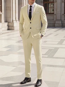 Manfinity Bizformal Men's Business Commute Yellow Suit Jacket And Pants Set, Ceremony, Formal - Light Yellow - View 4