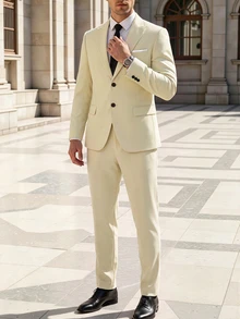 Manfinity Bizformal Men's Business Commute Yellow Suit Jacket And Pants Set, Ceremony, Formal - Light Yellow - View 5