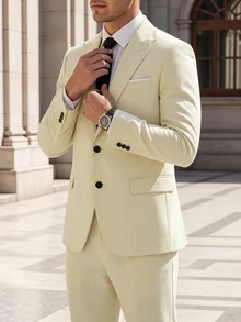 Manfinity Bizformal Men's Business Commute Yellow Suit Jacket And Pants Set, Ceremony, Formal - Light Yellow - View 3