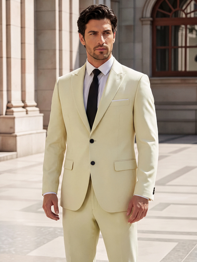 Manfinity Bizformal Men's Business Commute Yellow Suit Jacket And Pants Set, Ceremony, Formal