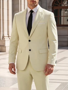 Manfinity Bizformal Men's Business Commute Yellow Suit Jacket And Pants Set, Ceremony, Formal - Light Yellow - View 2