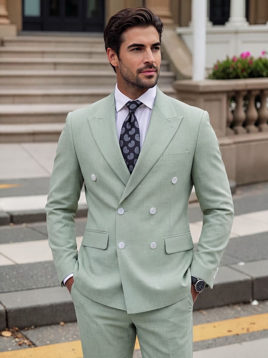 Manfinity Bizformal Setelan Jas Pria Lengan Panjang Kerah Mandarin, Jaket dan Celana, untuk Acara Upacara, Formal - Hijau - View 1