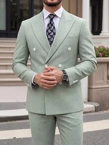 Manfinity Bizformal Setelan Jas Pria Lengan Panjang Kerah Mandarin, Jaket dan Celana, untuk Acara Upacara, Formal - Hijau - View 3