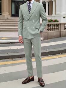 Manfinity Bizformal Setelan Jas Pria Lengan Panjang Kerah Mandarin, Jaket dan Celana, untuk Acara Upacara, Formal - Hijau - View 4
