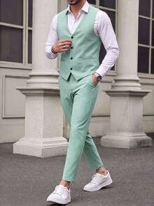 Manfinity Bizformal Men Light Green V-Neck Waistcoat And Pants Suit Set, Ceremony, Formal - Green - View 4