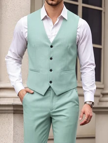 Manfinity Bizformal Men Light Green V-Neck Waistcoat And Pants Suit Set, Ceremony, Formal - Green - View 2