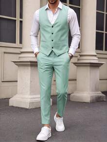 Manfinity Bizformal Men Light Green V-Neck Waistcoat And Pants Suit Set, Ceremony, Formal - Green - View 3