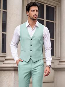 Manfinity Bizformal Men Light Green V-Neck Waistcoat And Pants Suit Set, Ceremony, Formal - Green - View 1