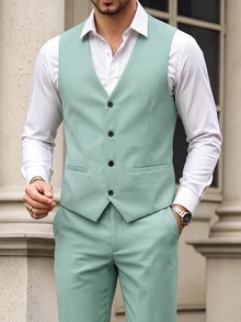 Manfinity Bizformal Men Light Green V-Neck Waistcoat And Pants Suit Set, Ceremony, Formal - Green - View 5