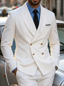 Manfinity Bizformal 男士白色商務西裝外套，金色鈕扣，成熟舒適，春夏款，正式 - 白色 - 查看 2