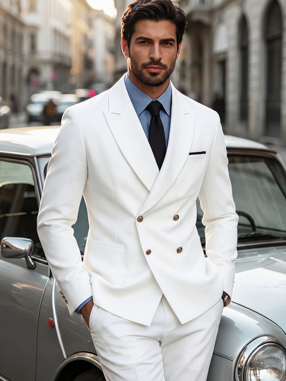Manfinity Bizformal 男士白色商務西裝外套，金色鈕扣，成熟舒適，春夏款，正式