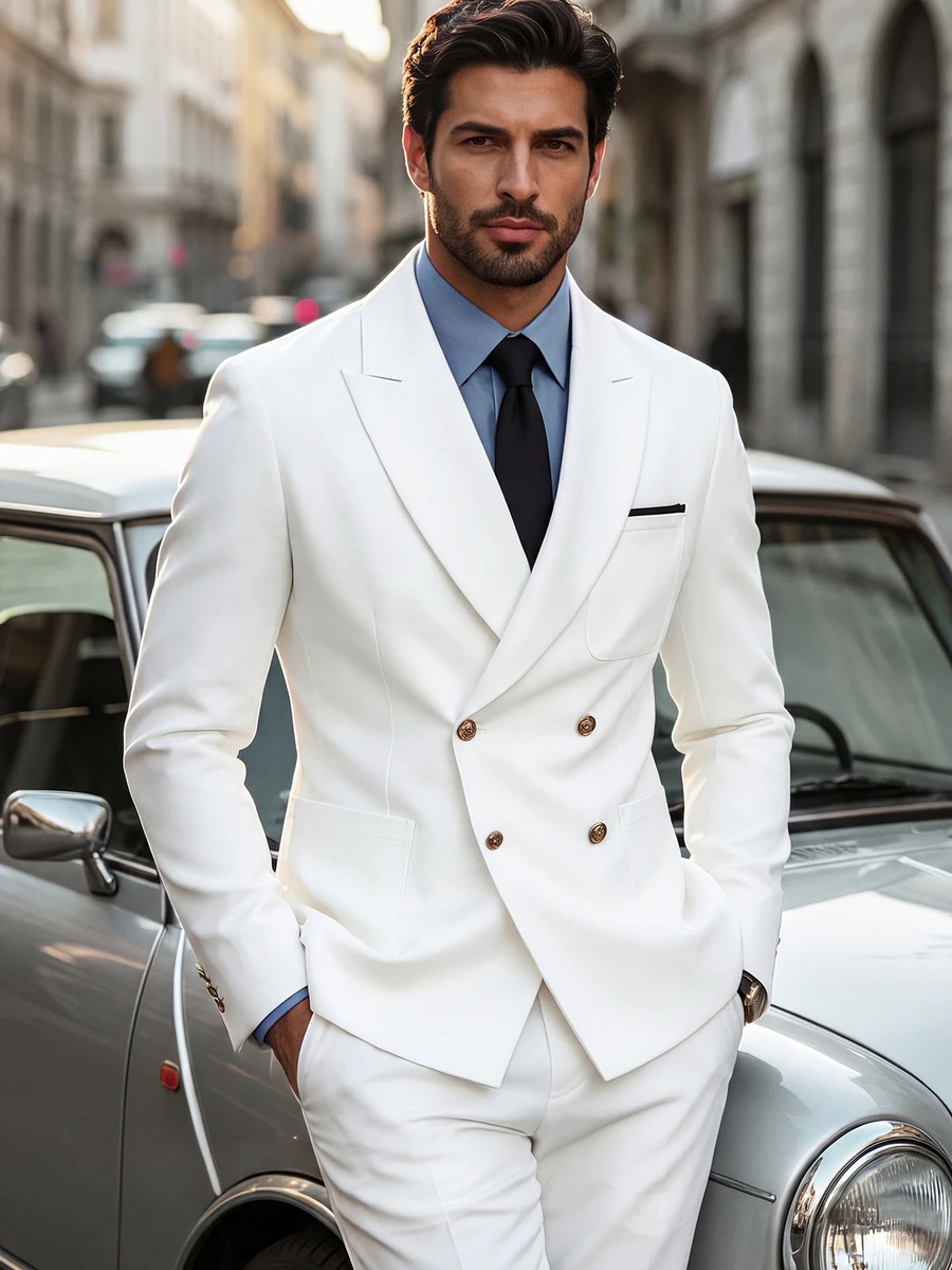 Manfinity Bizformal 男士白色商務西裝外套,金色鈕扣,成熟舒適,春夏款,正式 - 白色 - 查看 1