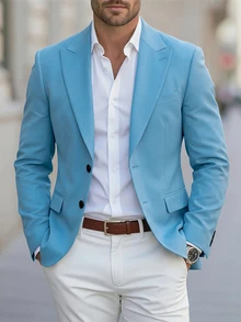 Manfinity Bizformal Men's Solid Color Mandarin Collar Single-Breasted Casual Suit Blazer, Formal - Sky Blue - View 2