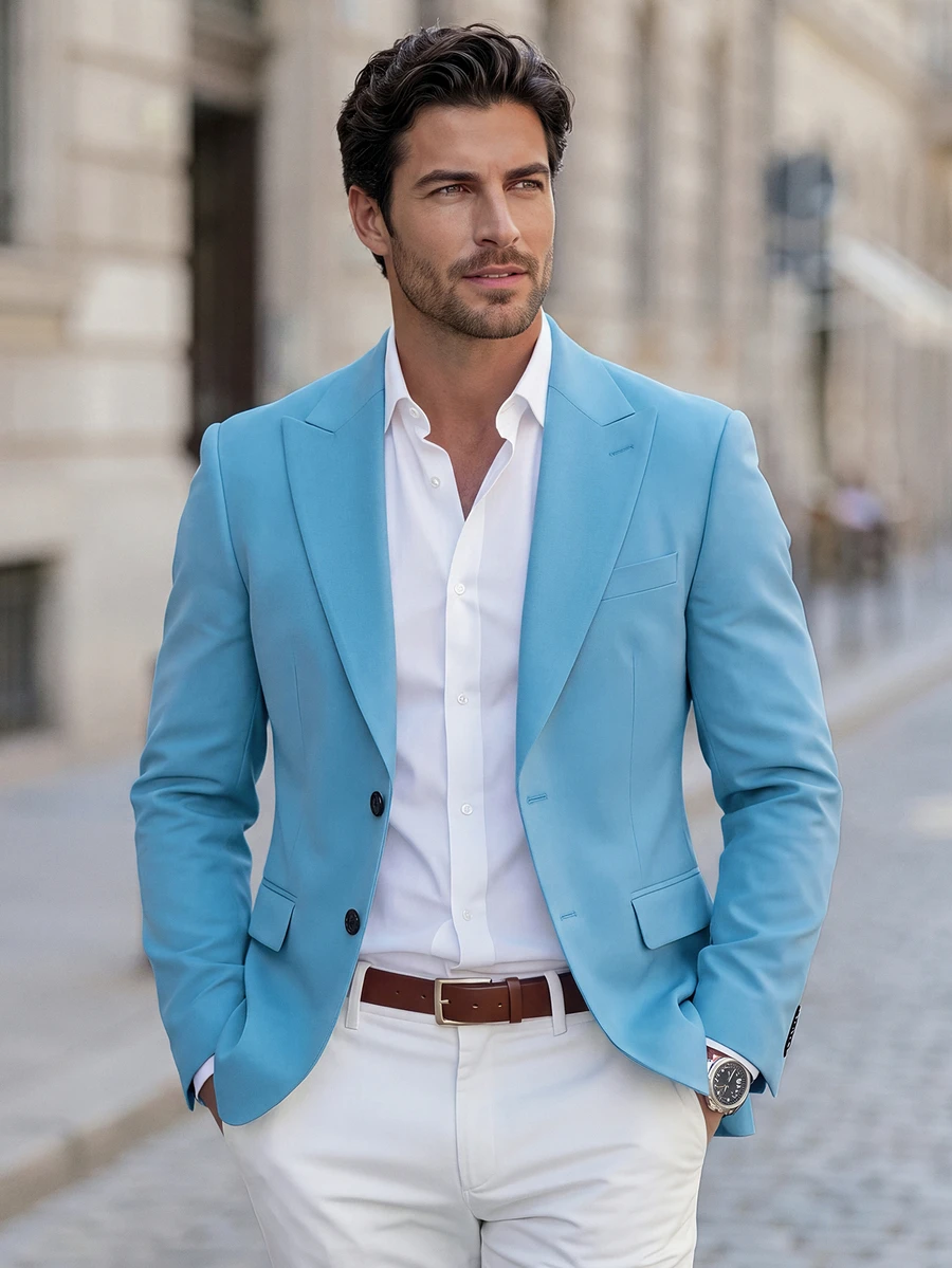 Manfinity Bizformal Men's Solid Color Mandarin Collar Single-Breasted Casual Suit Blazer, Formal - Sky Blue - View 1