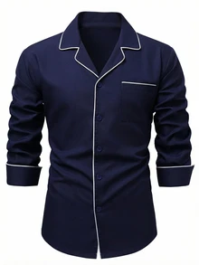 Manfinity Bizformal 男士藏蓝色撞色滚边商务衬衫，春夏款，正式场合 - 藏蓝色 - 查看 3