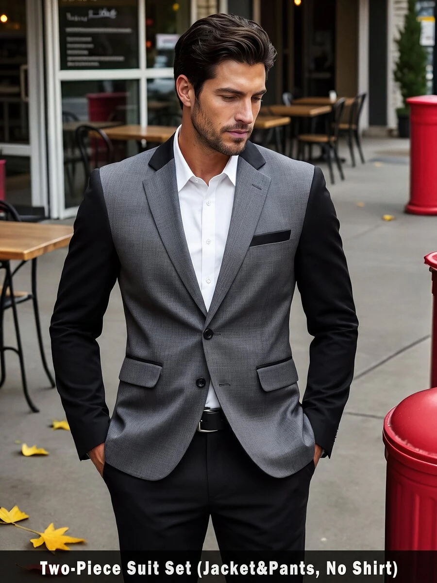 Calvornis Men's Contrast Color Lapel NeckLong Sleeve Jacket And Pants Casual Suit Set - Multicolor - View 1