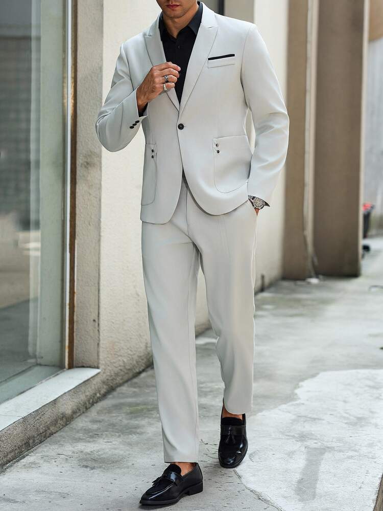 Manfinity Bizformal Minimalist Suit Set - Suitable For Workplace Professional To Casual Street Style, Perfect Gift For Boyfriend, Husband, Best Friend - Beige - View 2