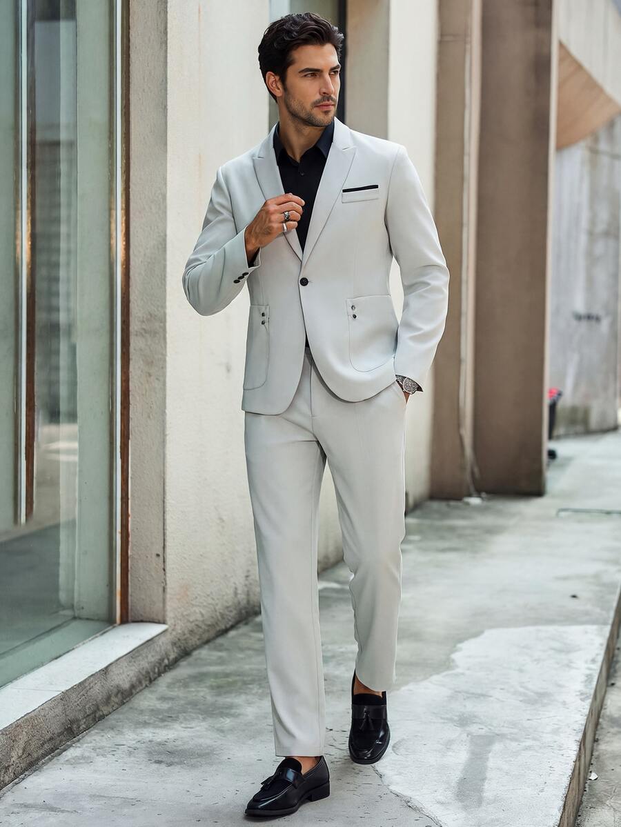 Manfinity Bizformal Minimalist Suit Set - Suitable For Workplace Professional To Casual Street Style, Perfect Gift For Boyfriend, Husband, Best Friend - Beige - View 1