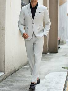 Manfinity Bizformal Minimalist Suit Set - Suitable For Workplace Professional To Casual Street Style, Perfect Gift For Boyfriend, Husband, Best Friend - Beige - View 4