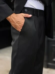 Manfinity Bizformal 纯色西装：男士夹克和裤子，男士时尚商务西装套装，黑色纽扣开合，不对称翻领设计，适合节日派对和日常服装，男士两件套服装 - 黑色 - 查看 6