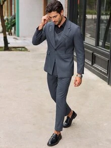 Manfinity Bizformal 3 件套男士商务正装经典纯色西装外套、背心和裤子套装 - 深灰色 - 查看 1