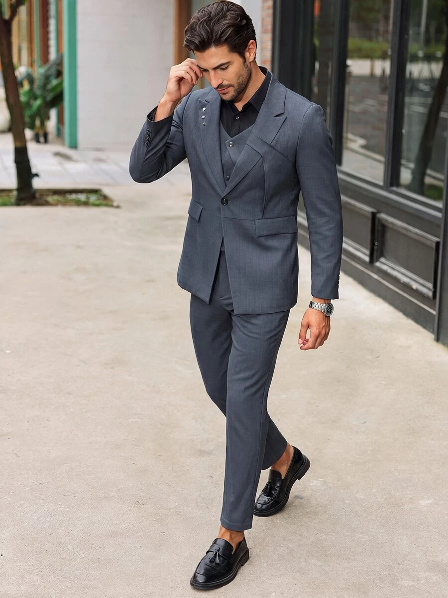 Manfinity Bizformal 3 件套男士商务正装经典纯色西装外套、背心和裤子套装 - 深灰色 - 查看 1