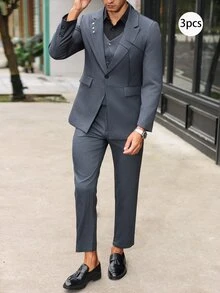 Manfinity Bizformal 3 件套男士商务正装经典纯色西装外套、背心和裤子套装 - 深灰色 - 查看 9