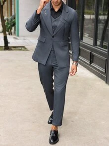 Manfinity Bizformal 3 件套男士商务正装经典纯色西装外套、背心和裤子套装 - 深灰色 - 查看 2