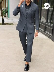 Manfinity Bizformal 3 件套男士商务正装经典纯色西装外套、背心和裤子套装 - 深灰色 - 查看 8