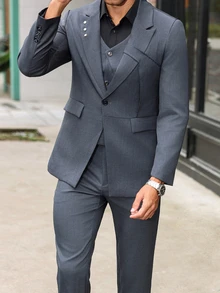 Manfinity Bizformal 3 件套男士商务正装经典纯色西装外套、背心和裤子套装 - 深灰色 - 查看 3