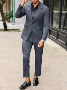 Manfinity Bizformal 3 件套男士商务正装经典纯色西装外套、背心和裤子套装 - 深灰色 - 查看 6