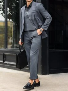 Manfinity Bizformal 3 件套男士商务正装经典纯色西装外套、背心和裤子套装 - 深灰色 - 查看 4