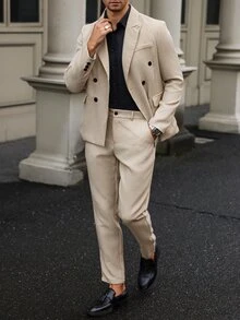 Manfinity Bizformal Men Button Front Peak Lapel Long Sleeve Casual Suit With Trousers Set - Khaki - View 2