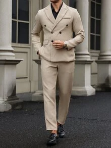 Manfinity Bizformal Men Button Front Peak Lapel Long Sleeve Casual Suit With Trousers Set - Khaki - View 4