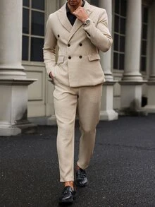 Manfinity Bizformal Men Button Front Peak Lapel Long Sleeve Casual Suit With Trousers Set - Khaki - View 3