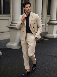 Manfinity Bizformal Men Button Front Peak Lapel Long Sleeve Casual Suit With Trousers Set - Khaki - View 1