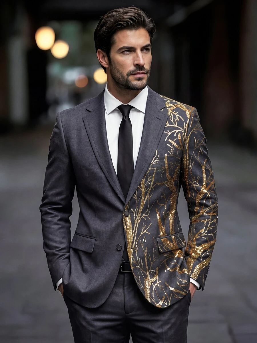 Calvornis Men's Sequin Detail Patchwork Button Long Sleeve Blazer And Pocket Pants Formal Suit Set, Ceremony - Dark Grey - View 1