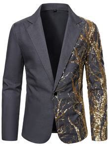 Calvornis Men's Sequin Detail Patchwork Button Long Sleeve Blazer And Pocket Pants Formal Suit Set, Ceremony - Dark Grey - View 6