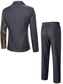 Calvornis Men's Sequin Detail Patchwork Button Long Sleeve Blazer And Pocket Pants Formal Suit Set, Ceremony - Dark Grey - View 4