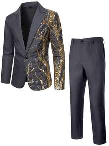 Calvornis Men's Sequin Detail Patchwork Button Long Sleeve Blazer And Pocket Pants Formal Suit Set, Ceremony - Dark Grey - View 3