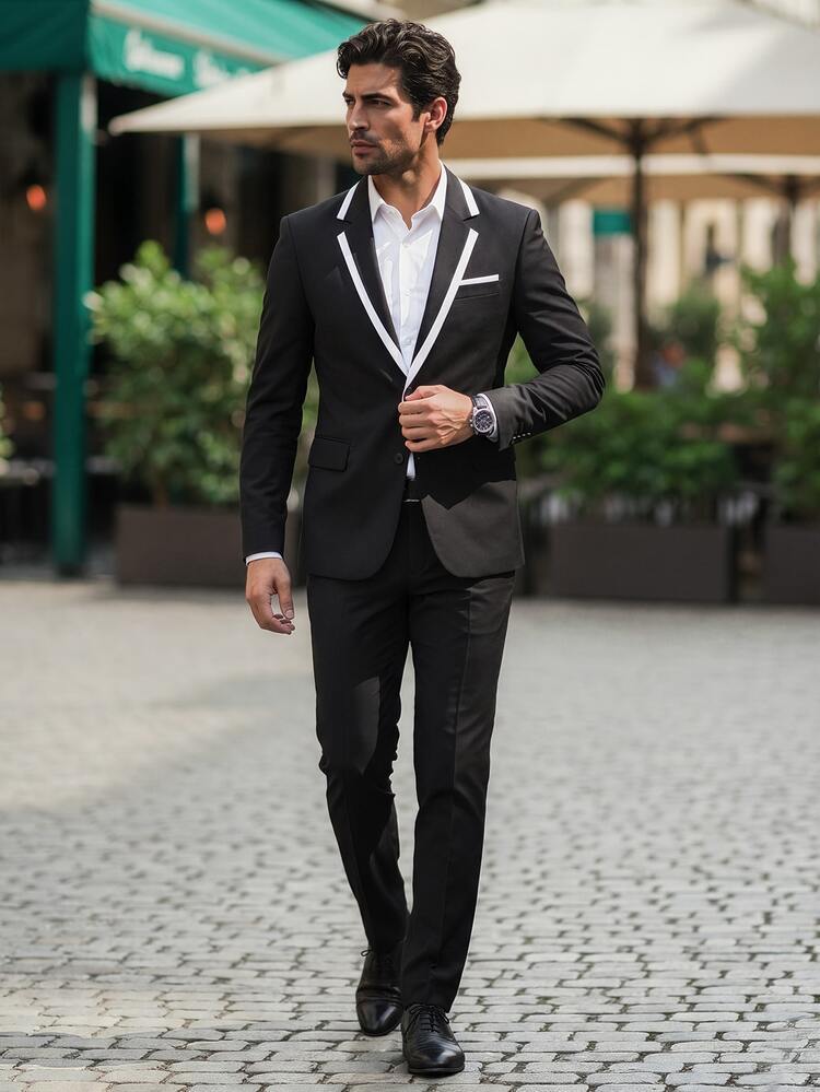 Manfinity Bizformal Men's Suit Blazer And Trousers Set, Spring/Summer Business Formal Contrast Collar Design, Ceremony - Black - View 1