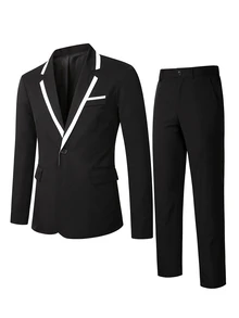 Manfinity Bizformal 男士西裝外套與長褲套裝，春夏商務正式款，對比領設計，適合典禮場合 - 黑色 - 查看 4