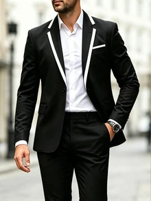 Manfinity Bizformal 男士西裝外套與長褲套裝，春夏商務正式款，對比領設計，適合典禮場合 - 黑色 - 查看 3