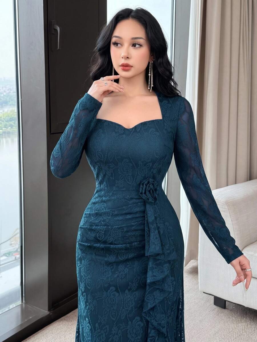 Feyla New Lace Waist Ruffle Floral Cinched Waist Elegant High-End Party Dress