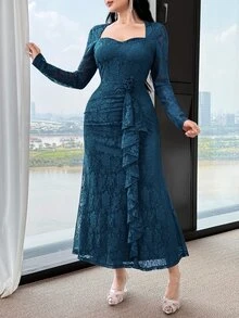 Feyla New Lace Waist Ruffle Floral Cinched Waist Elegant High-End Party Dress - Lake Blue - View 5
